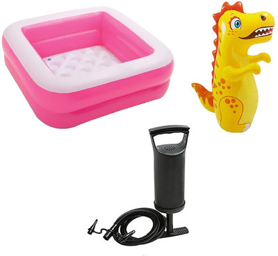 

DINAARKAN COMBO OF 3 FEET BATH TUB CUM SQUARICAL PINK BOX POOL AND 3 FEET INFLATABLE HIT ME DRAGON WITH AIR PUMP Inflatable Pool(Multicolor)