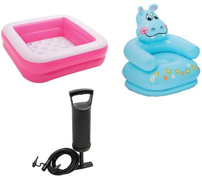 

DINAARKAN COMBO OF 3 FEET BATH TUB CUM SQUARICAL PINK BOX POOL AND 2.5 FEET INFLATABLE HIPPO CHAIR WITH AIR PUMP Inflatable Pool(Multicolor)