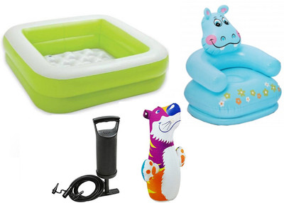 

DINAARKAN COMBO OF 3 FEET BATH TUB CUM SQUARICAL GREEN BOX POOL AND 3 FEET INFLATABLE HITME TIGER AND 2.5 FEET HIPPO CHAIR WITH AIR PUMP Inflatable Pool(Multicolor)