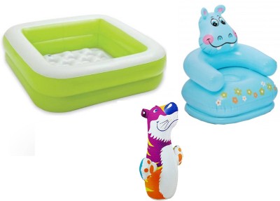 

DINAARKAN COMBO OF 3 FEET BATH TUB CUM SQUARICAL GREEN BOX POOL AND 3 FEET INFLATABLE HITME TIGER AND 2.5 FEET HIPPO CHAIR Inflatable Pool(Multicolor)