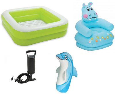 

DINAARKAN COMBO OF 3 FEET BATH TUB CUM SQUARICAL GREEN BOX POOL AND 3 FEET INFLATABLE HITME DOLPHIN AND 2.5 FEET HIPPO CHAIR WITH AIR PUMP Inflatable Pool(Multicolor)