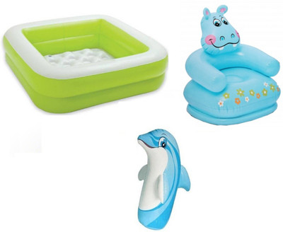

DINAARKAN COMBO OF 3 FEET BATH TUB CUM SQUARICAL GREEN BOX POOL AND 3 FEET INFLATABLE HITME DOLPHIN AND 2.5 FEET HIPPO CHAIR Inflatable Pool(Multicolor)