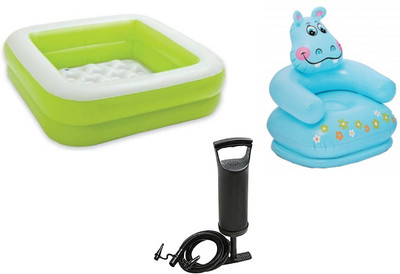

DINAARKAN COMBO OF 3 FEET BATH TUB CUM SQUARICAL GREEN BOX POOL AND 2.5 FEET INFLATABLE HIPPO CHAIR WITH AIR PUMP Inflatable Pool(Multicolor)