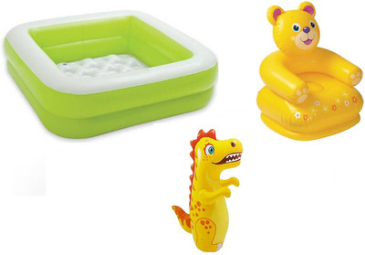 

DINAARKAN COMBO OF 3 FEET BATH TUB CUM SQUARICAL GREEN BOX POOL AND 3 FEET INFLATABLE HITME DRAGON AND 2.5 FEET TEDDY CHAIR Inflatable Pool(Multicolor)