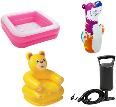

DINAARKAN COMBO OF 3 FEET BATH TUB CUM SQUARICAL PINK BOX POOL AND 3 FEET INFLATABLE HITME TIGER AND 2.5 FEET TEDDY CHAIR WITH AIR PUMP Inflatable Pool(Multicolor)