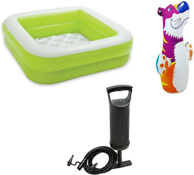 

DINAARKAN COMBO OF 3 FEET BATH TUB CUM SQUARICAL GREEN BOX POOL AND 3 FEET INFLATABLE HIT ME TIGER WITH AIR PUMP Inflatable Pool(Multicolor)