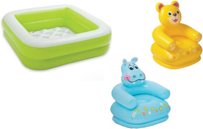 

DINAARKAN COMBO OF 3 FEET BATH TUB CUM SQUARICAL GREEN BOX POOL AND 2.5 FEET INFLATABLE HIPPO AND TEDDY CHAIR Inflatable Pool(Multicolor)