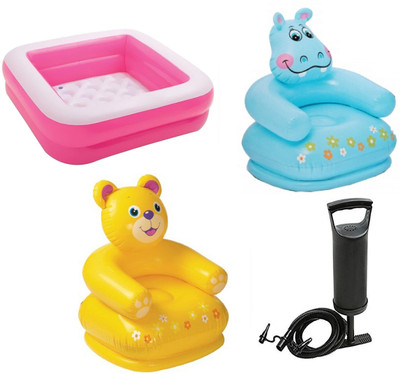 

DINAARKAN COMBO OF 3 FEET BATH TUB CUM SQUARICAL PINK BOX POOL AND 2.5 FEET INFLATABLE HIPPO AND TEDDY CHAIR WITH AIR PUMP Inflatable Pool(Multicolor)