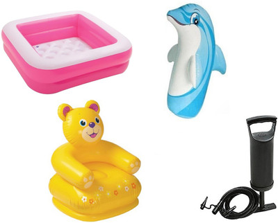 

DINAARKAN COMBO OF 3 FEET BATH TUB CUM SQUARICAL PINK BOX POOL AND 3 FEET INFLATABLE HITME DOLPHIN AND 2.5 FEET TEDDY CHAIR WITH AIR PUMP Inflatable Pool(Multicolor)