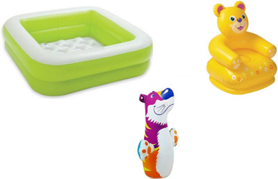 

DINAARKAN COMBO OF 3 FEET BATH TUB CUM SQUARICAL GREEN BOX POOL AND 3 FEET INFLATABLE HITME TIGER AND 2.5 FEET TEDDY CHAIR Inflatable Pool(Multicolor)