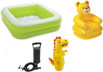 

DINAARKAN COMBO OF 3 FEET BATH TUB CUM SQUARICAL GREEN BOX POOL AND 3 FEET INFLATABLE HITME DRAGON AND 2.5 FEET TEDDY CHAIR WITH AIR PUMP Inflatable Pool(Multicolor)