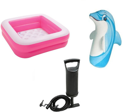 

DINAARKAN COMBO OF 3 FEET BATH TUB CUM SQUARICAL PINK BOX POOL AND 3 FEET INFLATABLE HIT ME DOLPHIN WITH AIR PUMP Inflatable Pool(Multicolor)