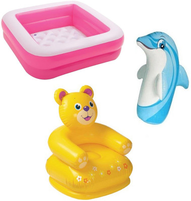 

DINAARKAN COMBO OF 3 FEET BATH TUB CUM SQUARICAL PINK BOX POOL AND 3 FEET INFLATABLE HITME DOLPHIN AND 2.5 FEET TEDDY CHAIR Inflatable Pool(Multicolor)