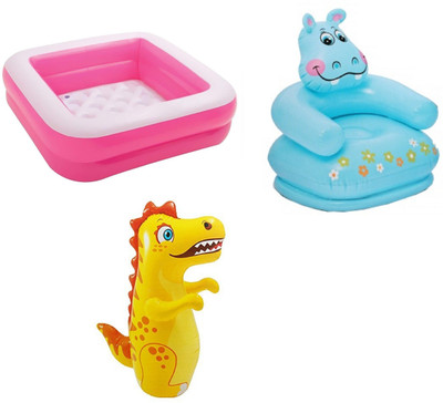 

DINAARKAN COMBO OF 3 FEET BATH TUB CUM SQUARICAL PINK BOX POOL AND 3 FEET INFLATABLE HITME DRAGON AND 2.5 FEET HIPPO CHAIR Inflatable Pool(Multicolor)