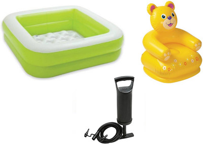 

DINAARKAN COMBO OF 3 FEET BATH TUB CUM SQUARICAL GREEN BOX POOL AND 2.5 FEET INFLATABLE TEDDY CHAIR WITH AIR PUMP Inflatable Pool(Multicolor)