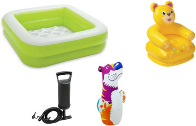 

DINAARKAN COMBO OF 3 FEET BATH TUB CUM SQUARICAL GREEN BOX POOL AND 3 FEET INFLATABLE HITME TIGER AND 2.5 FEET TEDDY CHAIR WITH AIR PUMP Inflatable Pool(Multicolor)