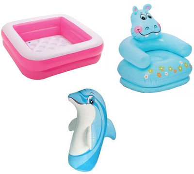 

DINAARKAN COMBO OF 3 FEET BATH TUB CUM SQUARICAL PINK BOX POOL AND 3 FEET INFLATABLE HITME DOLPHIN AND 2.5 FEET HIPPO CHAIR Inflatable Pool(Multicolor)