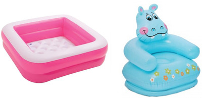 

DINAARKAN COMBO OF 3 FEET BATH TUB CUM SQUARICAL PINK BOX POOL AND 2.5 FEET INFLATABLE HIPPO CHAIR Inflatable Pool(Multicolor)