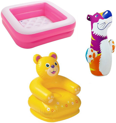 

DINAARKAN COMBO OF 3 FEET BATH TUB CUM SQUARICAL PINK BOX POOL AND 3 FEET INFLATABLE HITME TIGER AND 2.5 FEET TEDDY CHAIR Inflatable Pool(Multicolor)