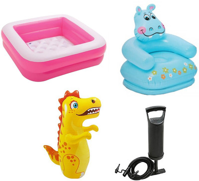 

DINAARKAN COMBO OF 3 FEET BATH TUB CUM SQUARICAL PINK BOX POOL AND 3 FEET INFLATABLE HITME DRAGON AND 2.5 FEET HIPPO CHAIR WITH AIR PUMP Inflatable Pool(Multicolor)