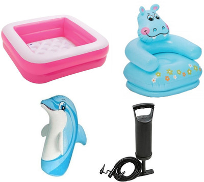 

DINAARKAN COMBO OF 3 FEET BATH TUB CUM SQUARICAL PINK BOX POOL AND 3 FEET INFLATABLE HITME DOLPHIN AND 2.5 FEET HIPPO CHAIR WITH AIR PUMP Inflatable Pool(Multicolor)
