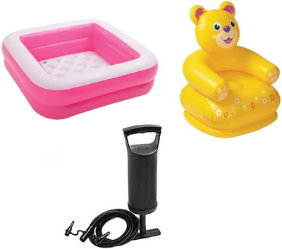 

DINAARKAN COMBO OF 3 FEET BATH TUB CUM SQUARICAL PINK BOX POOL AND 2.5 FEET INFLATABLE TEDDY CHAIR WITH AIR PUMP Inflatable Pool(Multicolor)
