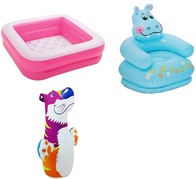 

DINAARKAN COMBO OF 3 FEET BATH TUB CUM SQUARICAL PINK BOX POOL AND 3 FEET INFLATABLE HITME TIGER AND 2.5 FEET HIPPO CHAIR Inflatable Pool(Multicolor)