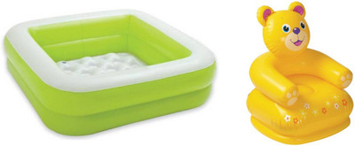 

DINAARKAN COMBO OF 3 FEET BATH TUB CUM SQUARICAL GREEN BOX POOL AND 2.5 FEET INFLATABLE TEDDY CHAIR Inflatable Pool(Multicolor)