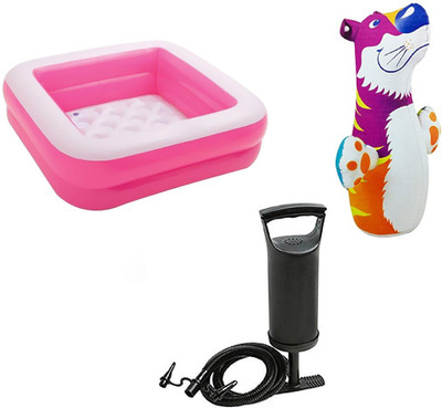 

DINAARKAN COMBO OF 3 FEET BATH TUB CUM SQUARICAL PINK BOX POOL AND 3 FEET INFLATABLE HIT ME TIGER WITH AIR PUMP Inflatable Pool(Multicolor)