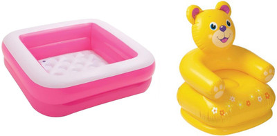 

DINAARKAN COMBO OF 3 FEET BATH TUB CUM SQUARICAL PINK BOX POOL AND 2.5 FEET INFLATABLE TEDDY CHAIR Inflatable Pool(Multicolor)