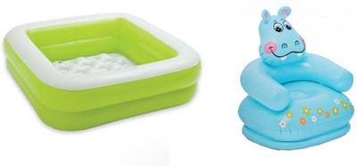 

DINAARKAN COMBO OF 3 FEET BATH TUB CUM SQUARICAL GREEN BOX POOL AND 2.5 FEET INFLATABLE HIPPO CHAIR Inflatable Pool(Multicolor)