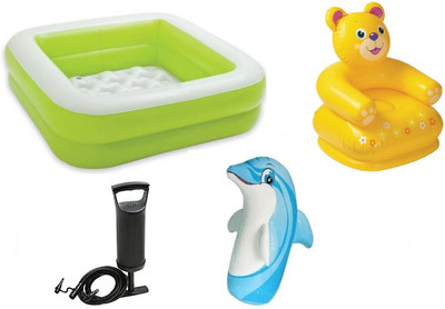 

DINAARKAN COMBO OF 3 FEET BATH TUB CUM SQUARICAL GREEN BOX POOL AND 3 FEET INFLATABLE HITME DOLPHIN AND 2.5 FEET TEDDY CHAIR WITH AIR PUMP Inflatable Pool(Multicolor)