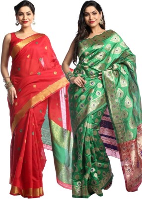 Kanooda Prints Printed Banarasi Art Silk Saree(Pack of 2, Red, Green)