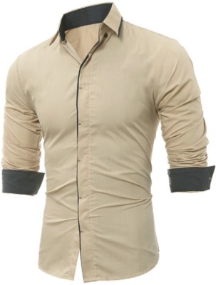 PEARL OCEAN Men Solid Casual Beige Shirt