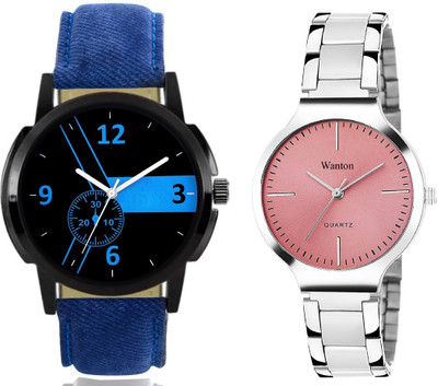 

Wanton blue leatherr strap attctive design dial with pink stylish steel strap belt watch combo for couple watch Exclusive collection watches Watch - For Boys & Girls