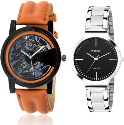 

Wanton black steel attractive strap and fancy dial watch with open machanical pattern stylish watch combo couple watch Exclusive collection watches Watch - For Boys & Girls
