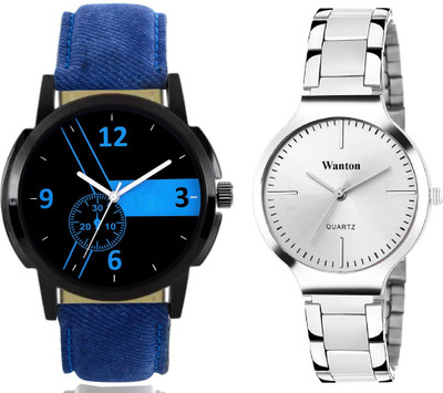 

Wanton blue leatherr strap attctive design dial with silver stylish steel strap belt watch combo for couple watch Exclusive collection watches Watch - For Boys & Girls