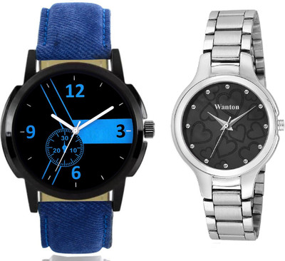 

Wanton blue leather tsrap watch with black love hearts in dial steel watch combo for couple Exclusive collection watches Watch - For Boys & Girls