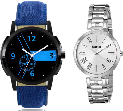 

Wanton blue stylish attractive design leather strap watch with white profesional and beautiful dial steel belt watch combo for couple Exclusive collection watches Watch - For Boys & Girls