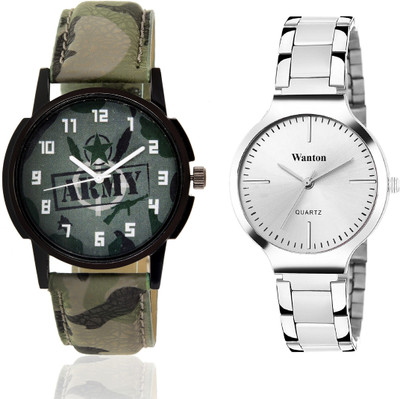 

Wanton silver steel belt stylish and fancy watch with green army militiry pattern stylish watch combo couple watch Exclusive collection watches Watch - For Boys & Girls