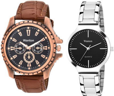 

Wanton black steel belt stylish and fancy watch with Brown open machanical dial attractive combo couple watch Exclusive collection watches Watch - For Boys & Girls