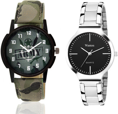 

Wanton black steel belt stylish and fancy watch with green army militiry pattern stylish watch combo couple watch Exclusive collection watches Watch - For Boys & Girls