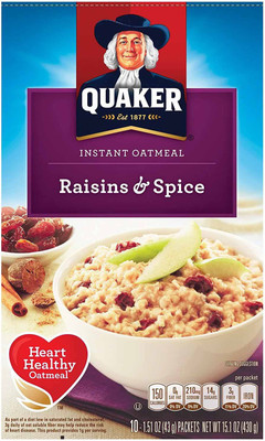 

Quaker Instant Oatmeal, Raisin & Spice Breakfast Cereal, 10 Packets - 430g (15.1oz)(430 g, Box)