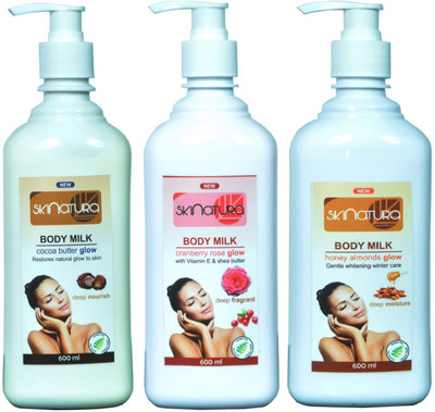 

Skinatura Cocoa Butter + Cranberry Rose + Honey Almonds Body Milk (Combo of 3)(600 ml)