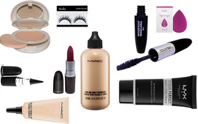 

studio Eyelashes With sponge puff Mac face and body foundation and lightfull compact,stick kajal with select cover up concealer & matte finish long lasting lipstick With Nyx perfect Face Primer Gel and Colorbar Eyeliner And mascara 2 in 1(Set of 9)