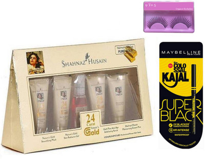

9 to 5 Eyelashes, Maybelline New York Colossal Super Black Kajal, Shahnaz Husain Gold Facial Kit(Set of 3)