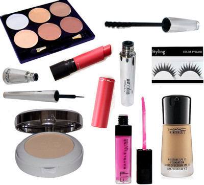 

Styling Eyelashes With Mac 6 Shades Concealer Palette With mineralize Foundation & Brooke candy eyeliner With mascara And liptensity lipstick,pink lip gloss & Colorbar Compact(Set of 8)
