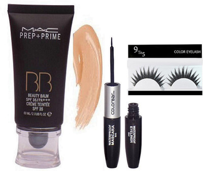 

9 to 5 Eyelashes , Mac Prep+Prime BB Beauty Balm Cream Foundation With Colorbar 2 in 1 Liquid Eyeliner & Mascara(Set of 3)