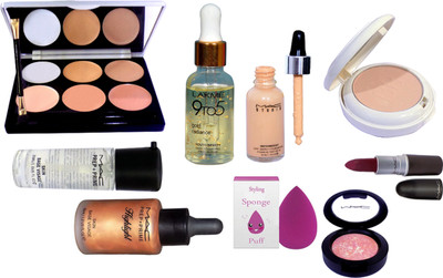 

Styling Sponge Puff With Mac Waterwieght Foundation & Mac prep+prime Primer & Highliter WIth pink shade blusher,Lightfull Compact & 6 shades Concealer Palette & MAtte finish lipstick WIth Lakme 9to5 Gold Radiance Face Serum(Set of 9)