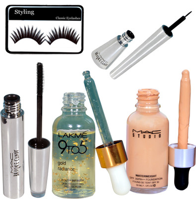 

styling Eyelashes&Mac Waterweight Spf Foundation&Lakme 9To5 Gold Radiance Face Serum&Brooke Candy Liner&Mascara(Set of 5)